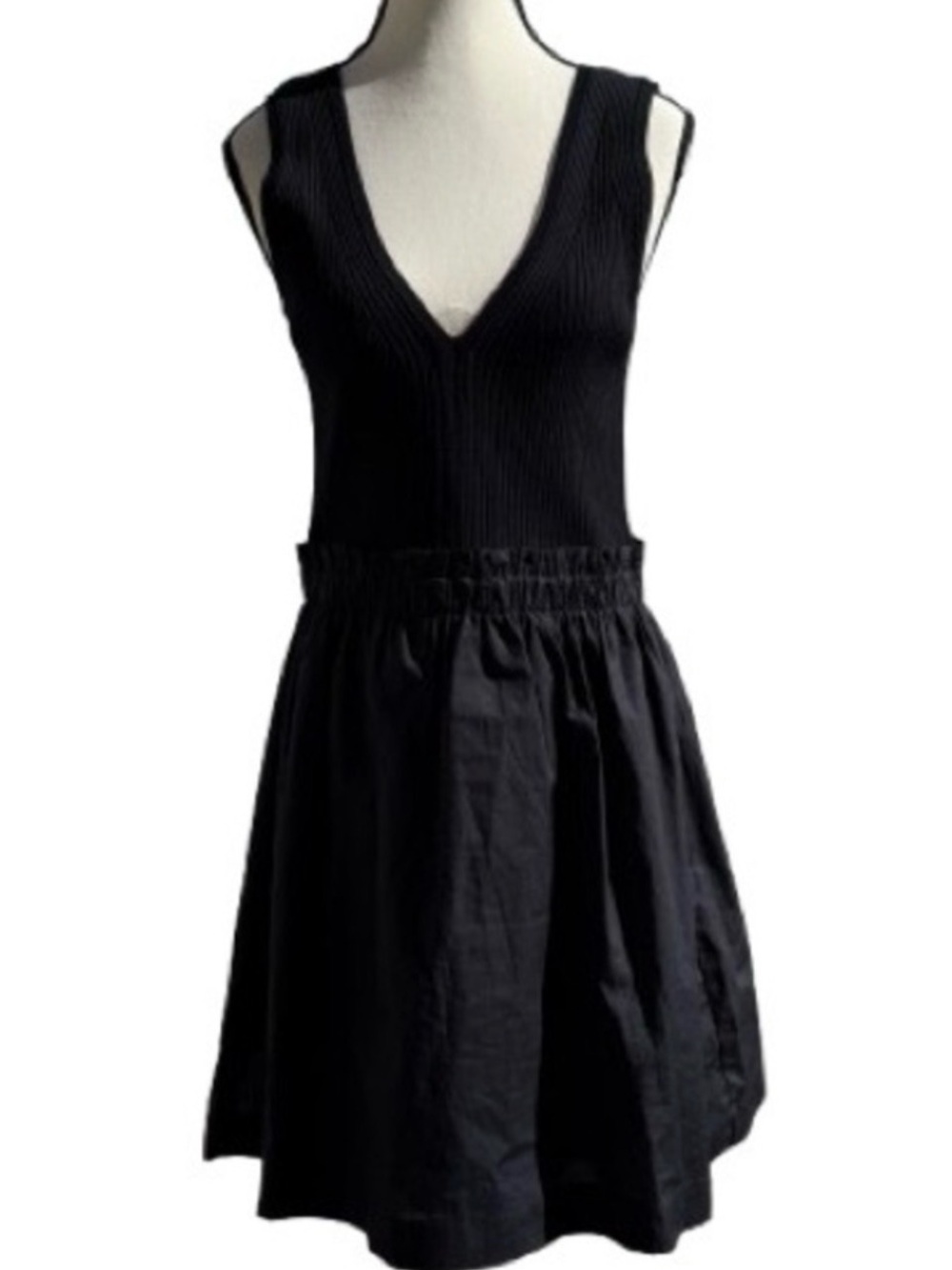 Joie Black V-Neck Sleeveless Ribbed Fit and Flare Cotton Mini Dress